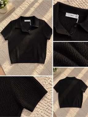 Mango Black Knit Short-Sleeve Polo Top